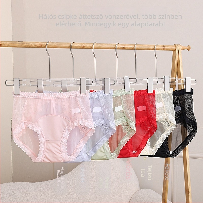 Női bugyi csipke és hálós anyagból, masni, középtáji derék, lélegző, 70–80% nylon