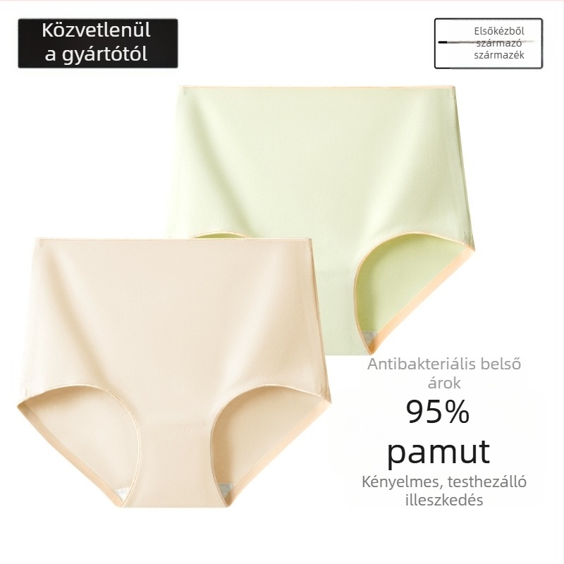 Női magas derekú, varrat nélküli pamut alsónemű, lélegző és antibakteriális; fő anyag 95–100% pamut; ágyéktáji bélés 100% pamut