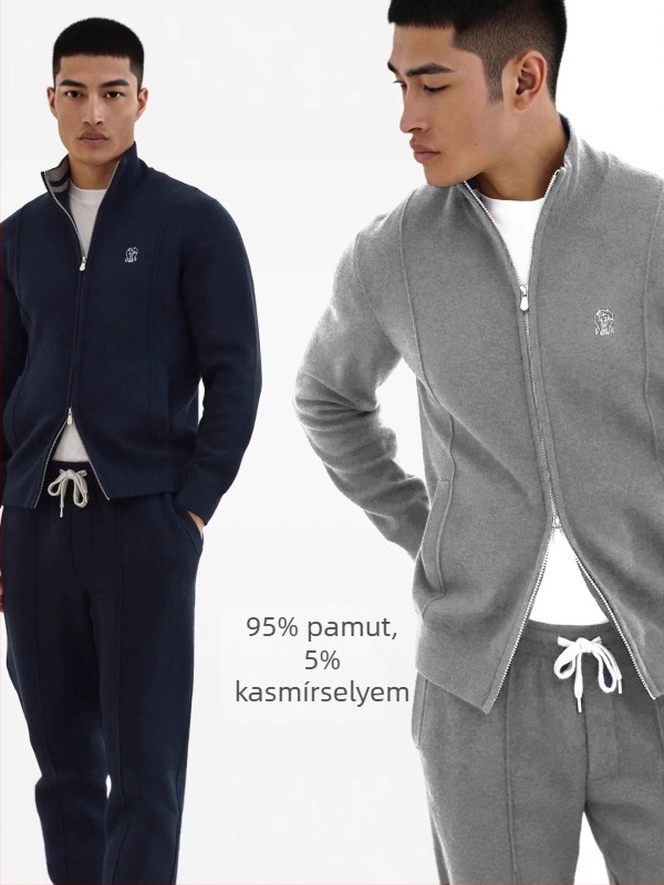 Férfi kötött kardigán, 95% pamut / 5% kasmír, karcsú szabás, álló gallér, kötés 12‑Gauge, bordázott szegély
