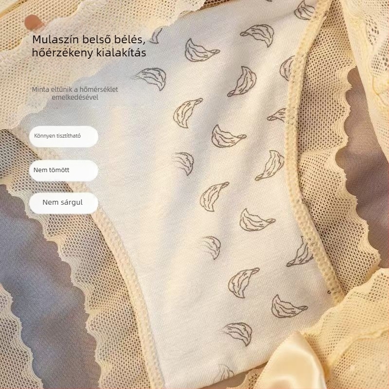 Női bugyi csipke-náilon anyagból, japán stílusú masnival, középmagas derékkal, gyorsan száradó és lélegző, intim résznél mulberry selyem bélés.