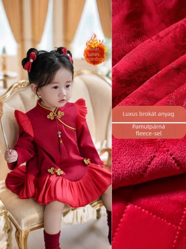 Lányoknak készült kínai stílusú Cheongsam ruha, hosszú ujjú, poliészter anyag, pamut bélés, alsószoknya jellegű