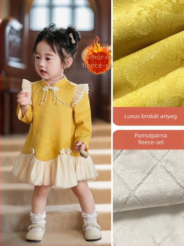 Lányoknak készült kínai stílusú Cheongsam ruha, hosszú ujjú, poliészter anyag, pamut bélés, alsószoknya jellegű