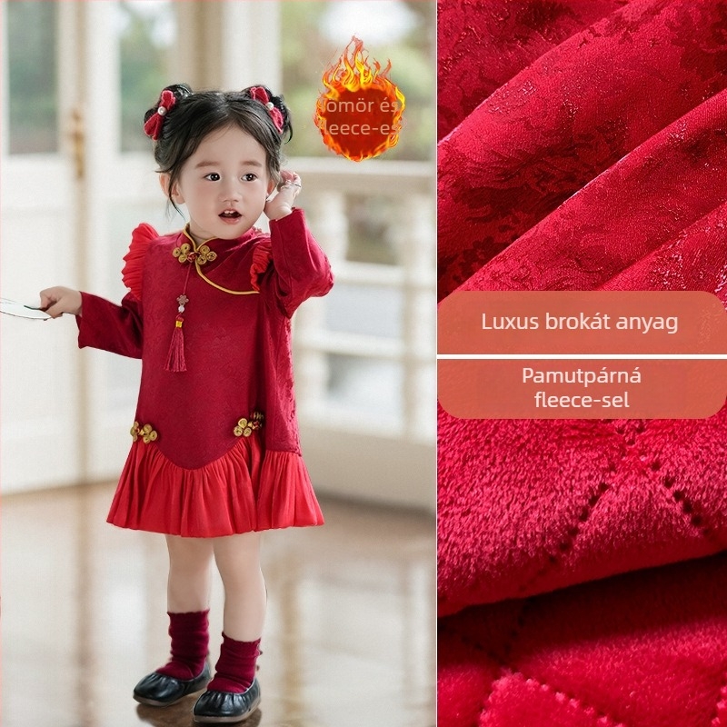 Lányoknak készült kínai stílusú Cheongsam ruha, hosszú ujjú, poliészter anyag, pamut bélés, alsószoknya jellegű