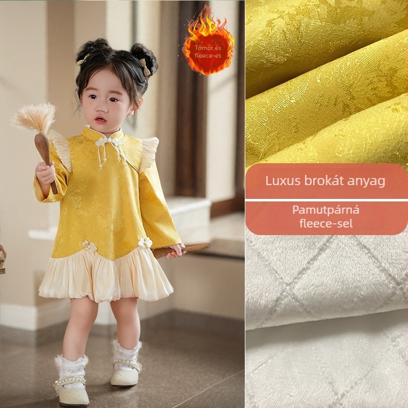 Lányoknak készült kínai stílusú Cheongsam ruha, hosszú ujjú, poliészter anyag, pamut bélés, alsószoknya jellegű