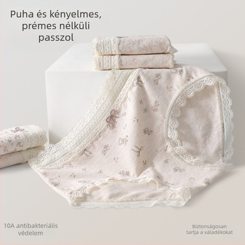 Női pamut alsónemű csipkés szegéllyel, virágos mintázat, antibakteriális, Mulberry silk belső réteg a szeméremrészen, meghosszabbított gát