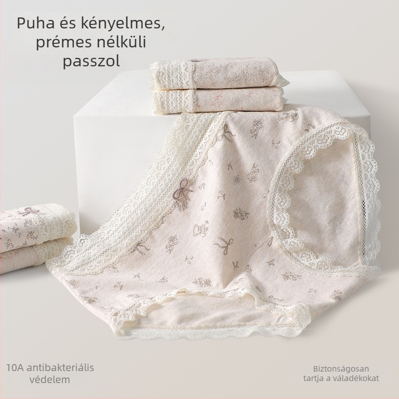 Női pamut alsónemű csipkés szegéllyel, virágos mintázat, antibakteriális, Mulberry silk belső réteg a szeméremrészen, meghosszabbított gát