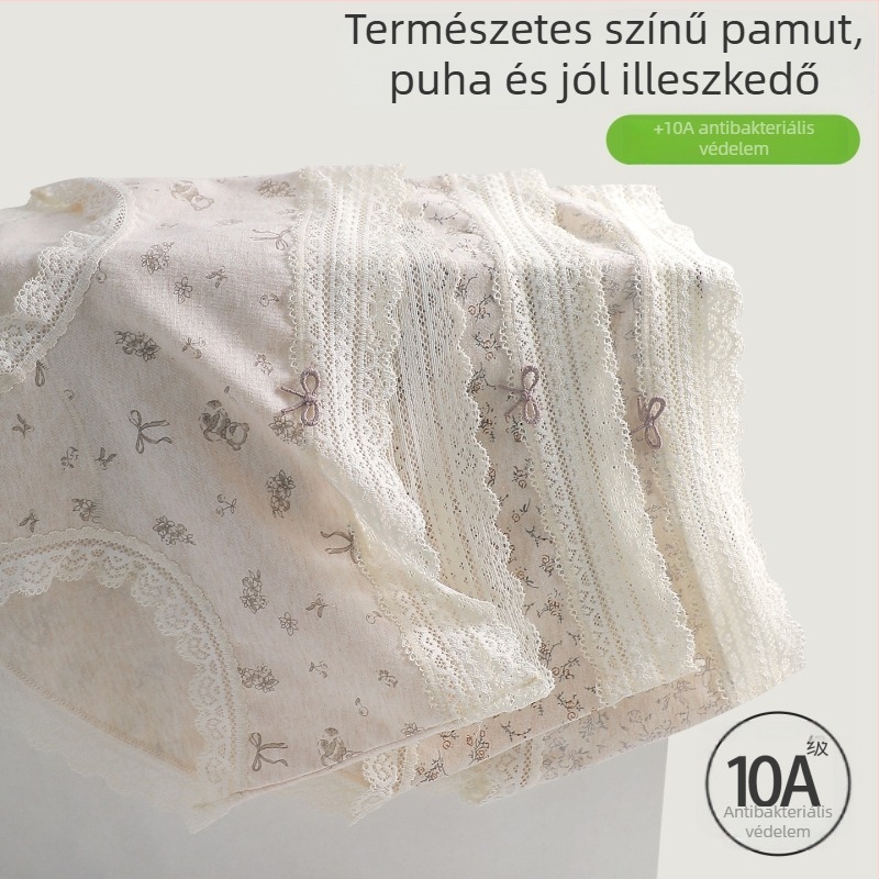 Női pamut alsónemű csipkés szegéllyel, virágos mintázat, antibakteriális, Mulberry silk belső réteg a szeméremrészen, meghosszabbított gát