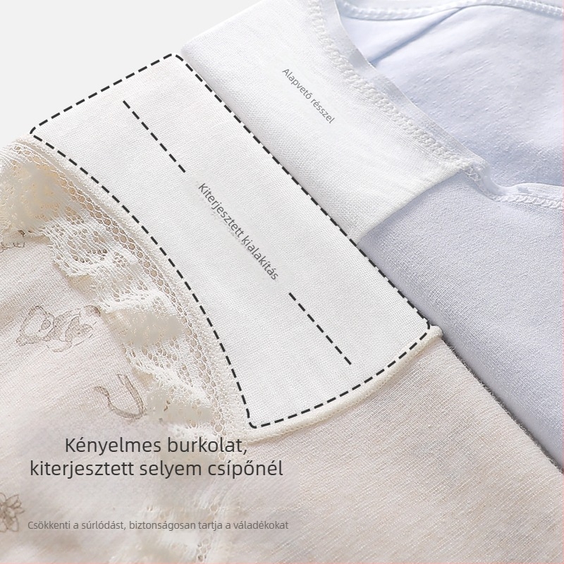Női pamut alsónemű csipkés szegéllyel, virágos mintázat, antibakteriális, Mulberry silk belső réteg a szeméremrészen, meghosszabbított gát