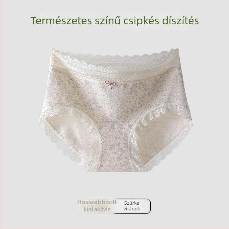 Női pamut alsónemű csipkés szegéllyel, virágos mintázat, antibakteriális, Mulberry silk belső réteg a szeméremrészen, meghosszabbított gát
