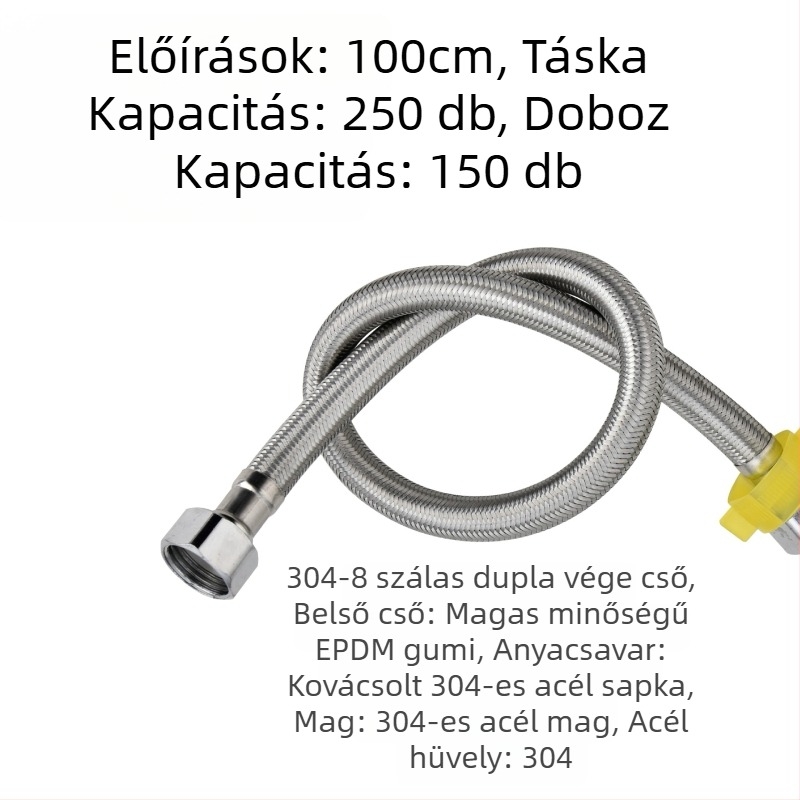 304 rozsdamentes acél szövött tömlő vastagított réz véggel a forró és hideg víz beömlőhöz és a toalett vízmelegítő csatlakozásához, dupla végű, csavaros csatlakozás