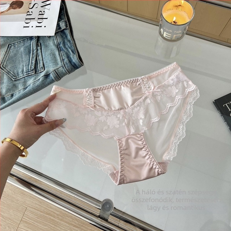 Női nylon hálószövetes alsónemű középmagas derekú, 100% pamut belső rész, virágos masni mintával, lélegző, gyorsan száradó