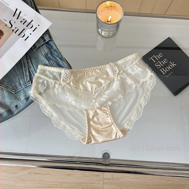 Női nylon hálószövetes alsónemű középmagas derekú, 100% pamut belső rész, virágos masni mintával, lélegző, gyorsan száradó
