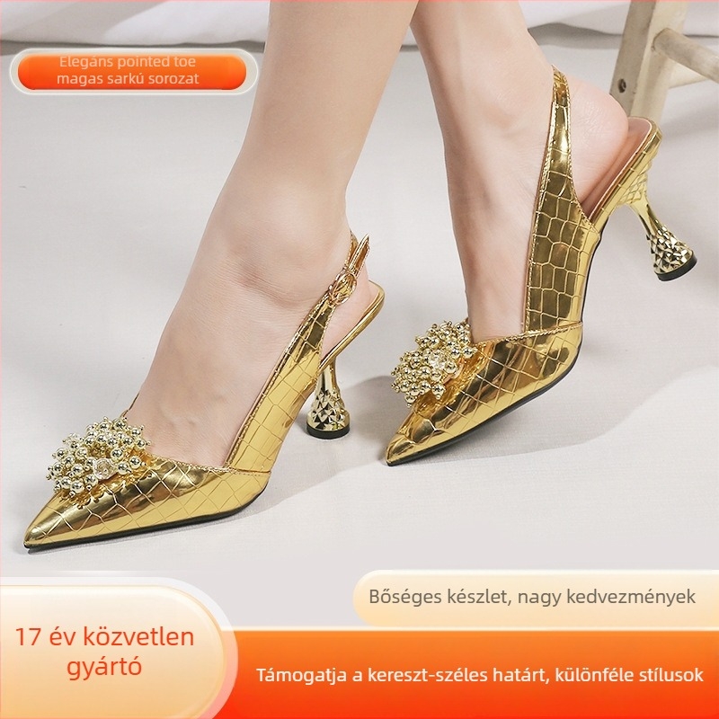 Magas sarkú cipő, hegyes orr, csatos zárás, vékony 3-6 cm sarkú, PU felsőrész, gumi talp