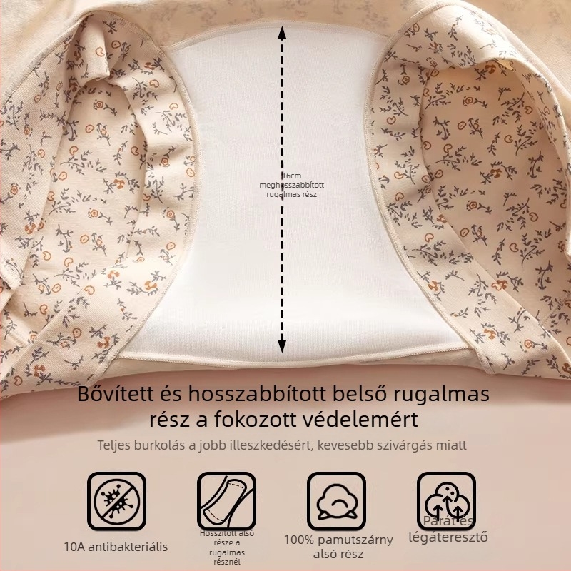 Női pamut bugyi, teljes fedés, antibakteriális, légáteresztő, középmagas derekú, crotch bélés 100% pamut