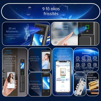 Okos ajtózár dupla kijelzős CNC gravírozással, 3D arcfelismerés, hozzáférés ujjlenyomattal és jelszóval, anti-lopás, AC tápegység