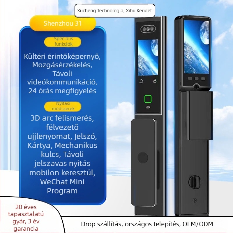 Okos ajtózár dupla kijelzős CNC gravírozással, 3D arcfelismerés, hozzáférés ujjlenyomattal és jelszóval, anti-lopás, AC tápegység
