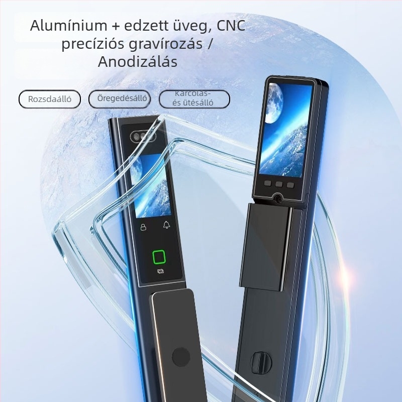 Okos ajtózár dupla kijelzős CNC gravírozással, 3D arcfelismerés, hozzáférés ujjlenyomattal és jelszóval, anti-lopás, AC tápegység