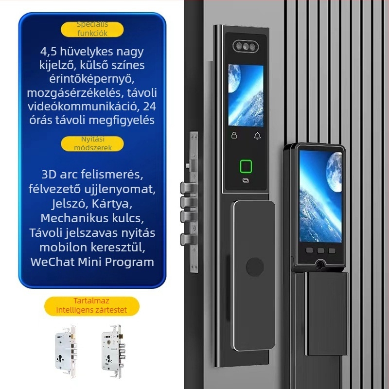 Okos ajtózár dupla kijelzős CNC gravírozással, 3D arcfelismerés, hozzáférés ujjlenyomattal és jelszóval, anti-lopás, AC tápegység