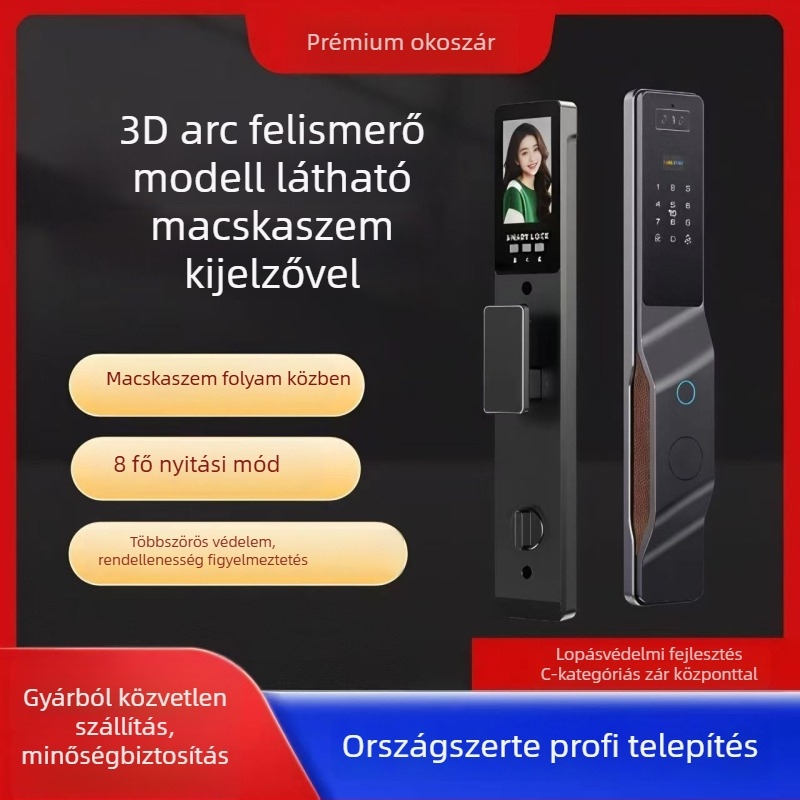 Okos zár arcfelismeréssel, ujjlenyomat- és jelszófunkcióval, látható kémlelőablakkal; 1:1 hitelesítés, 100 ujjlenyomat tárolás, olvasási idő <1 s, hamis elfogadás <1%, hamis elutasítás <1%