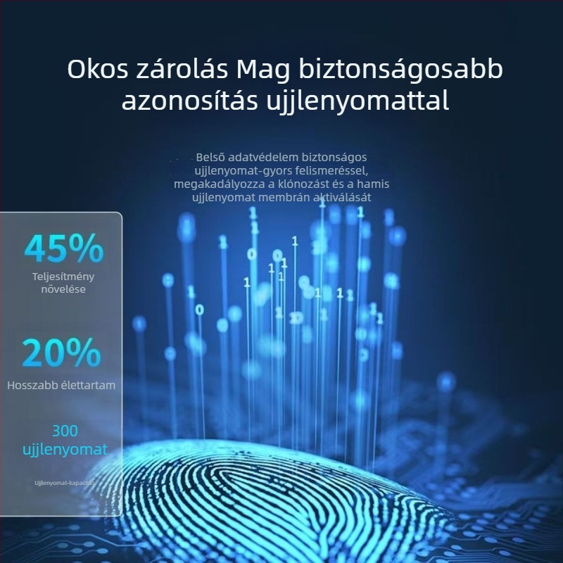 Okos zár arcfelismeréssel, ujjlenyomat- és jelszófunkcióval, látható kémlelőablakkal; 1:1 hitelesítés, 100 ujjlenyomat tárolás, olvasási idő <1 s, hamis elfogadás <1%, hamis elutasítás <1%