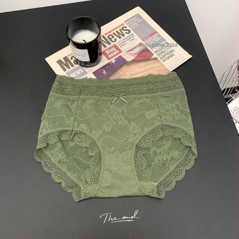 Csipkés női alsó középtalpas, lélegző és antibakteriális; fő anyag: csipke (nylon); bélés: viszkóz; egyszínű mintázat