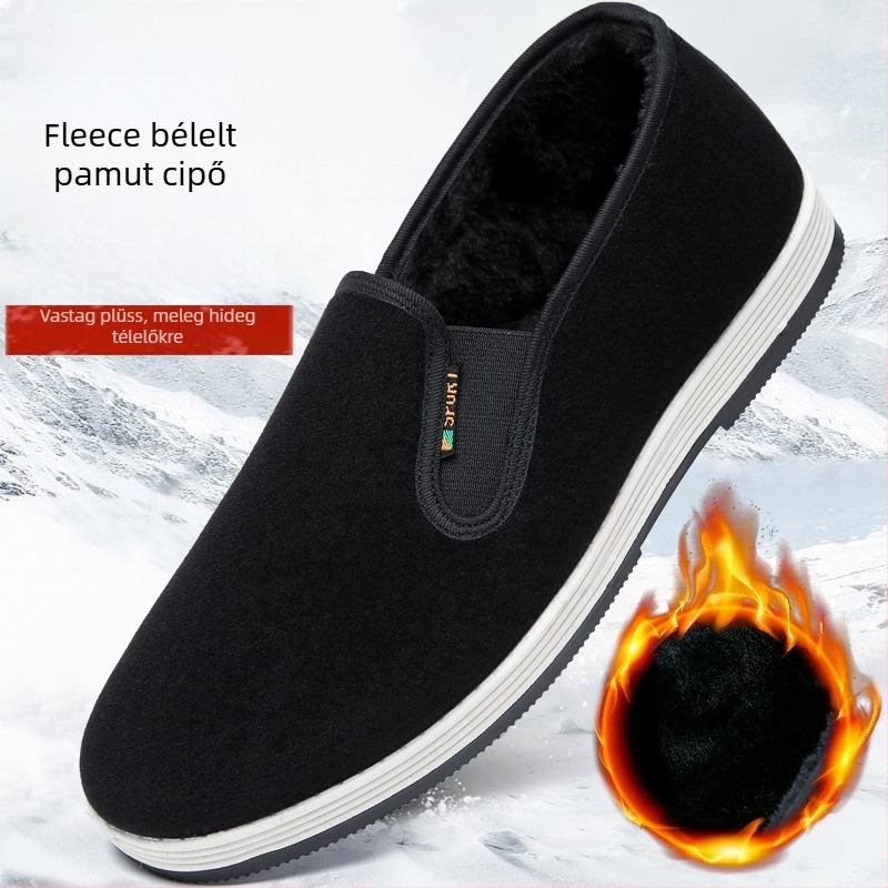 Férfi téli gyapjúbélelt vászon papucs, alacsony profil, casual, csúszásmentes PVC talppal, pamut felső