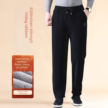 Corduroy férfi szabadidőnadrág fleece béléssel, téli vastag anyagból, magas derékkal, egyenes szabású, idősebbeknek