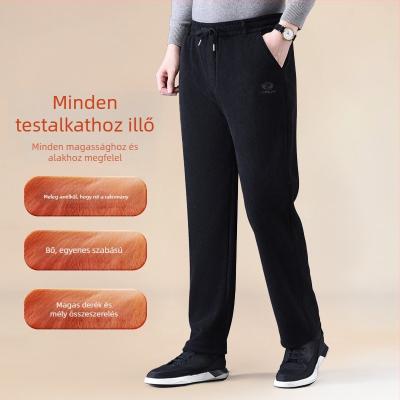 Corduroy férfi szabadidőnadrág fleece béléssel, téli vastag anyagból, magas derékkal, egyenes szabású, idősebbeknek
