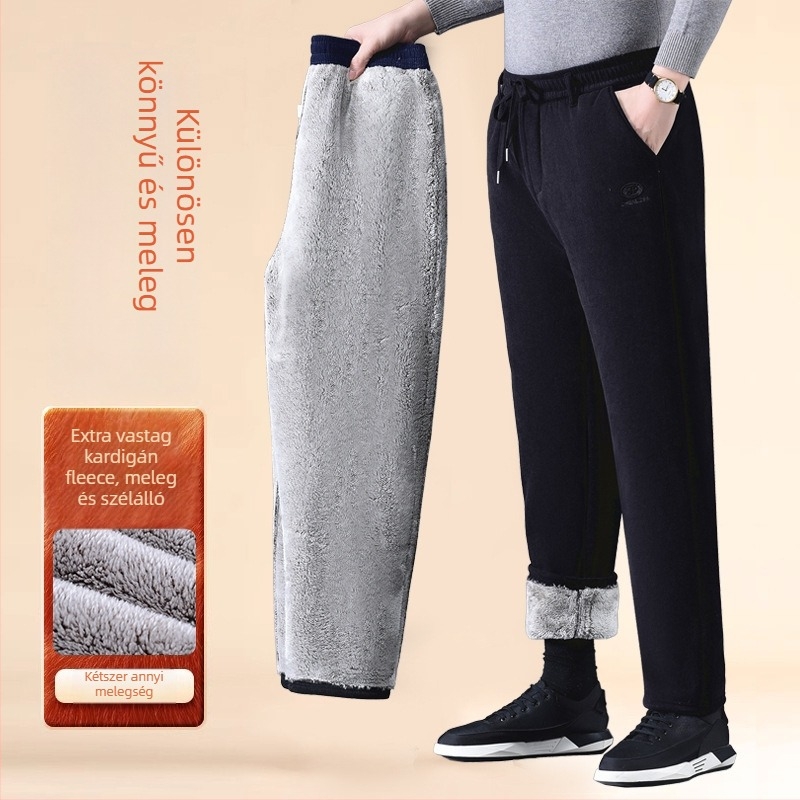 Corduroy férfi szabadidőnadrág fleece béléssel, téli vastag anyagból, magas derékkal, egyenes szabású, idősebbeknek