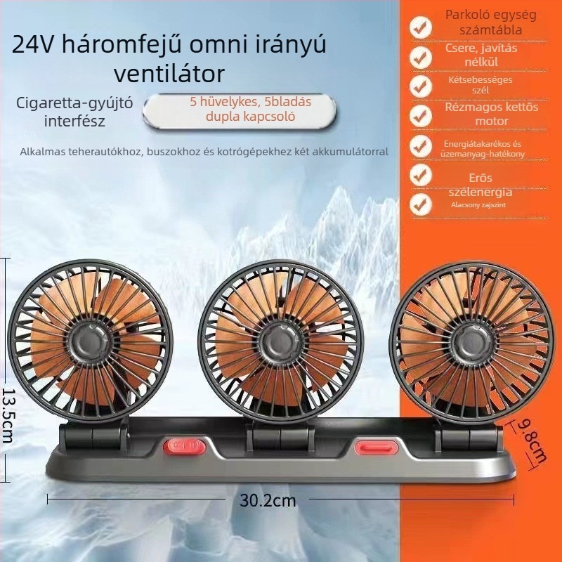 Autóba szerelt elektromos ventilátor, 24V, háromfejű, ultracsendes, USB-tápellátású, furgonokhoz és teherautókhoz