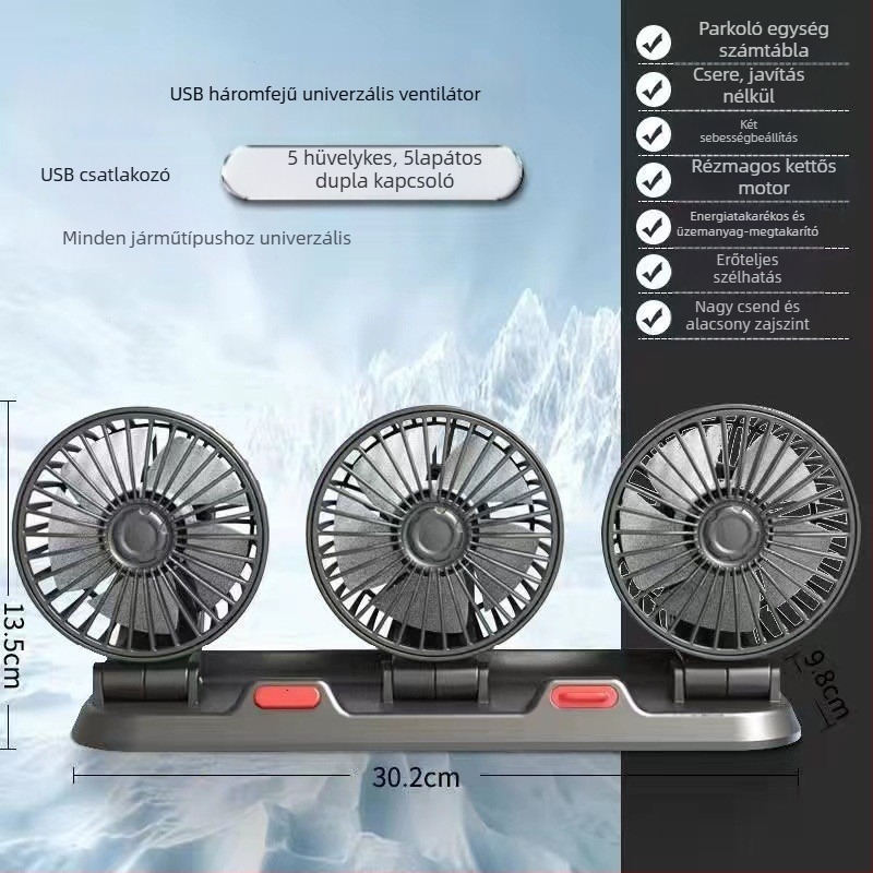 Autóba szerelt elektromos ventilátor, 24V, háromfejű, ultracsendes, USB-tápellátású, furgonokhoz és teherautókhoz