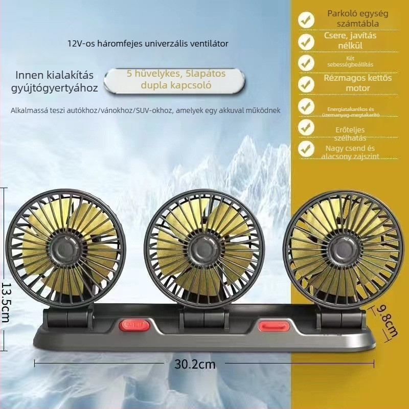 Autóba szerelt elektromos ventilátor, 24V, háromfejű, ultracsendes, USB-tápellátású, furgonokhoz és teherautókhoz