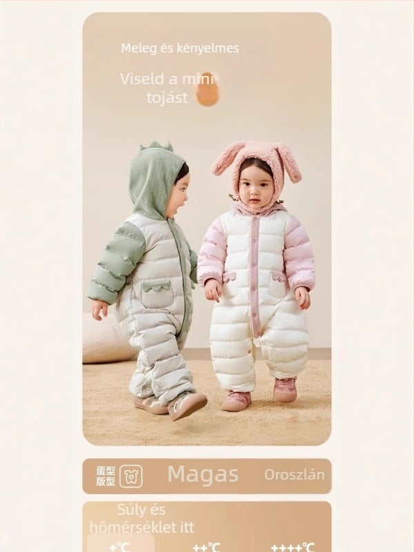 Téli egyrészes babaruha pehelytöltéssel, kapucnival, levehető kapucnival, 1–3 éveseknek