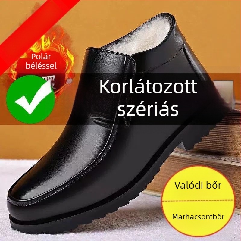 Férfi bőr papucs fleece-bélésével, téli, csúszásmentes gumitalp, kopásálló