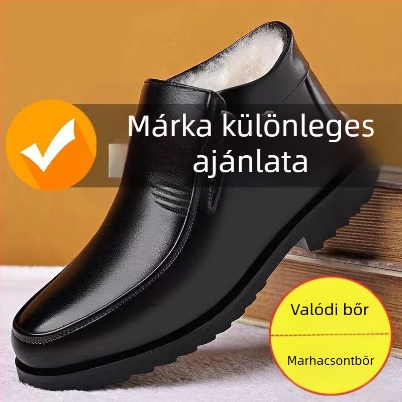 Férfi bőr papucs fleece-bélésével, téli, csúszásmentes gumitalp, kopásálló