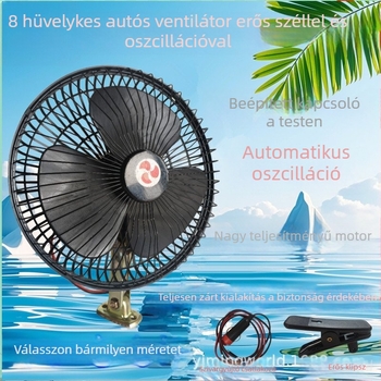 Univerzális autóba való elektromos ventilátor dönthető fejjel, 18W, autókhoz, teherautókhoz, targoncákhoz és mezőgazdasági járművekhez