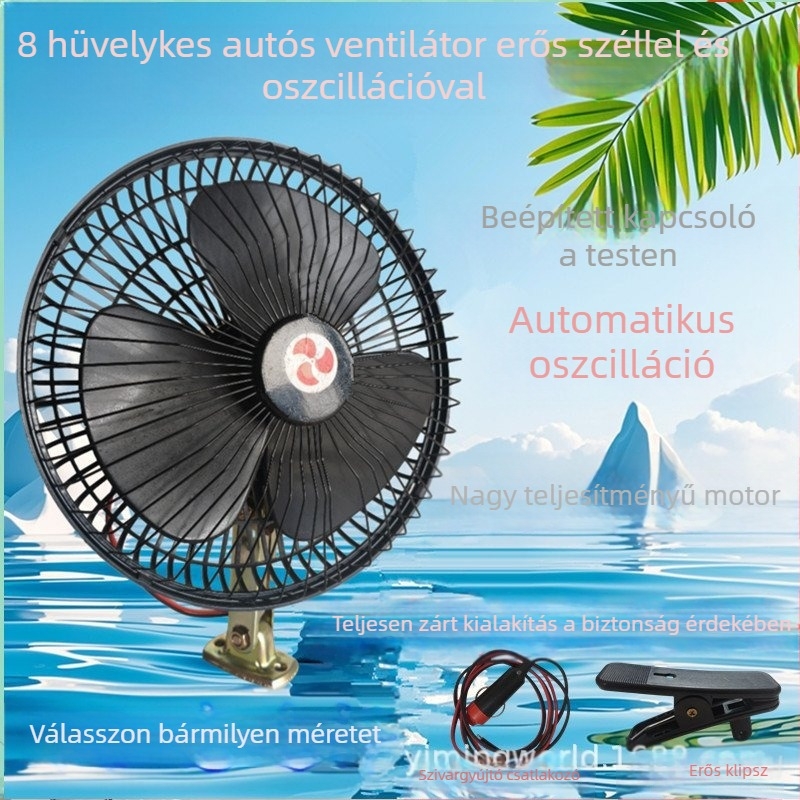 Univerzális autóba való elektromos ventilátor dönthető fejjel, 18W, autókhoz, teherautókhoz, targoncákhoz és mezőgazdasági járművekhez