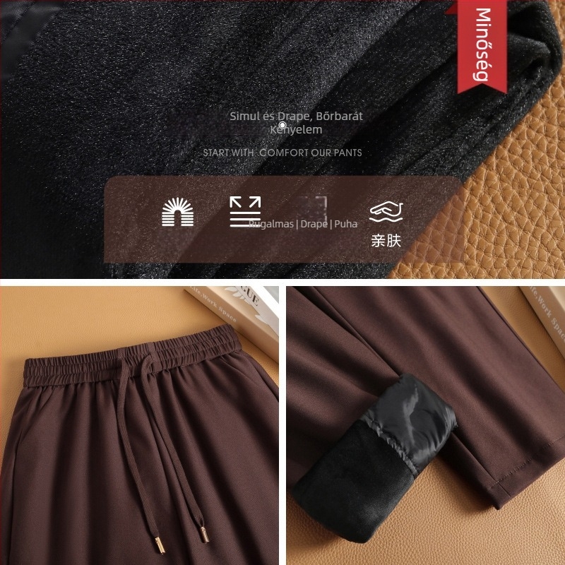 Női téli bélelt nadrág, laza szabású egyenes fazon, fő anyag poliészter >95%, spandex <30%, mikroelasztikusság, téli szezon 2025