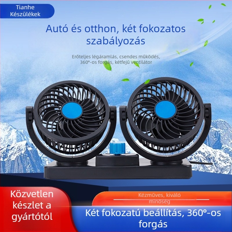 Autóventilátor USB 12V/24V, univerzális, kétfejű, autó és otthon használatra
