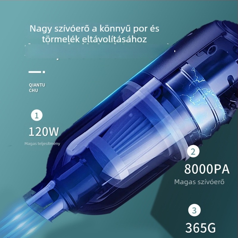 Hordozható autós porszívó vezeték nélküli töltéssel, 5500 Pa szívóerő, 7.4V, 120W, autó és otthon használatra