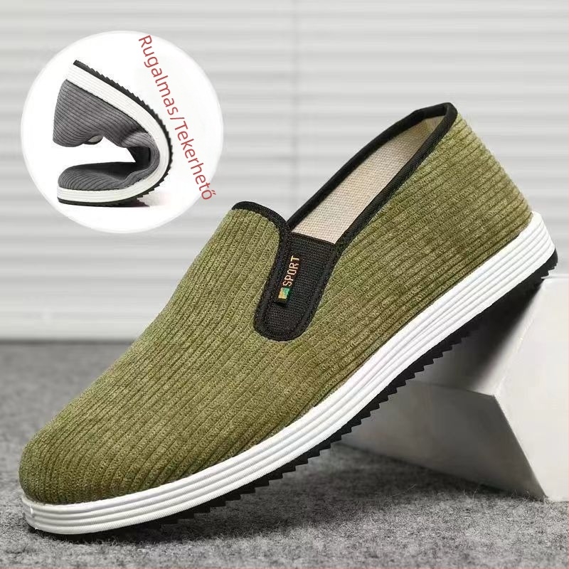 Férfi pamut felsőrészű slip-on cipő, gumi talppal, kerek orrú, légáteresztő, nyárra alkalmas