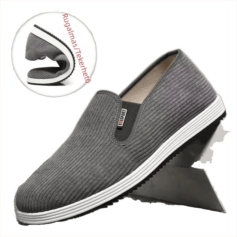 Férfi pamut felsőrészű slip-on cipő, gumi talppal, kerek orrú, légáteresztő, nyárra alkalmas