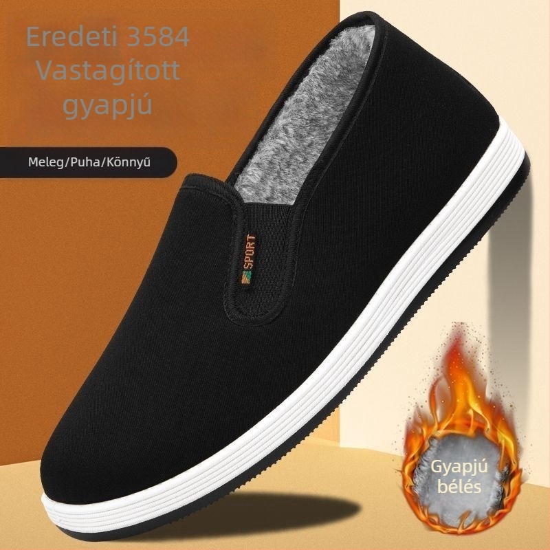 Férfi téli pamut papucs, Old Beijing stílusú, bélés műszőrmés, slip-on, meleg, csúszásmentes gumitalp