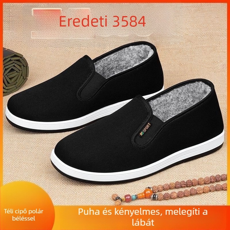 Férfi téli pamut papucs, Old Beijing stílusú, bélés műszőrmés, slip-on, meleg, csúszásmentes gumitalp