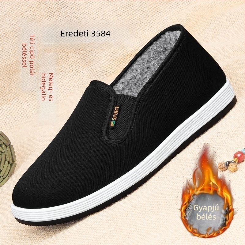 Férfi téli pamut papucs, Old Beijing stílusú, bélés műszőrmés, slip-on, meleg, csúszásmentes gumitalp