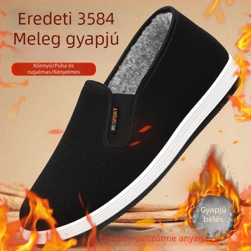 Férfi téli pamut papucs, Old Beijing stílusú, bélés műszőrmés, slip-on, meleg, csúszásmentes gumitalp