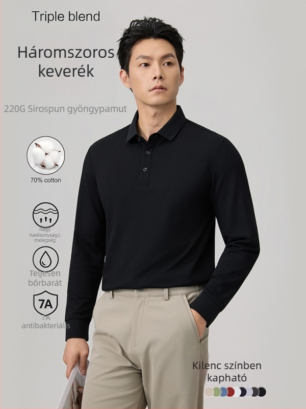 Férfi hosszú ujjú poloing, egyszínű, karcsú szabás, polo gallér, őszi-téli, alkalmas casual és irodai rétegzett viselethez