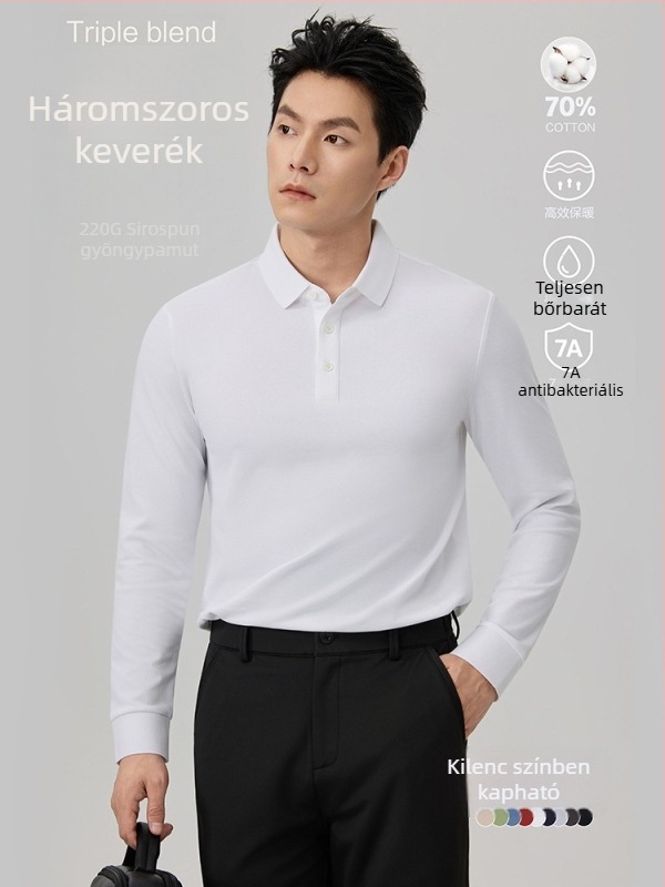Férfi hosszú ujjú poloing, egyszínű, karcsú szabás, polo gallér, őszi-téli, alkalmas casual és irodai rétegzett viselethez