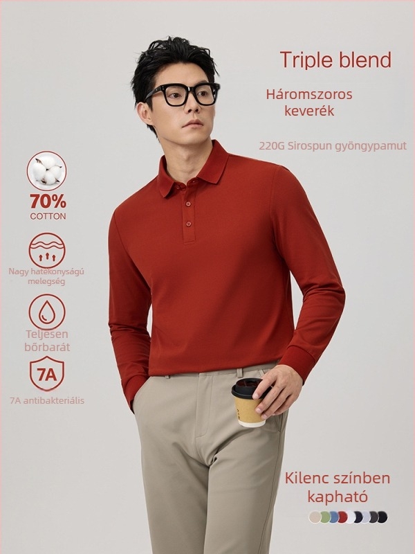 Férfi hosszú ujjú poloing, egyszínű, karcsú szabás, polo gallér, őszi-téli, alkalmas casual és irodai rétegzett viselethez