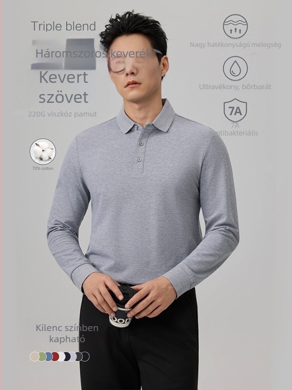 Férfi hosszú ujjú poloing, egyszínű, karcsú szabás, polo gallér, őszi-téli, alkalmas casual és irodai rétegzett viselethez